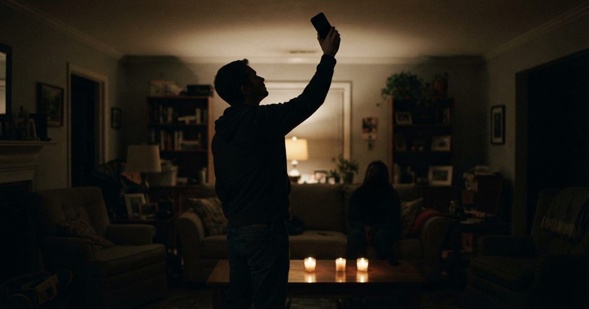 A dimly lit suburban living room illuminated entirely by three small candles. The silhouette of a person stands in the center of the room, holding a completely.