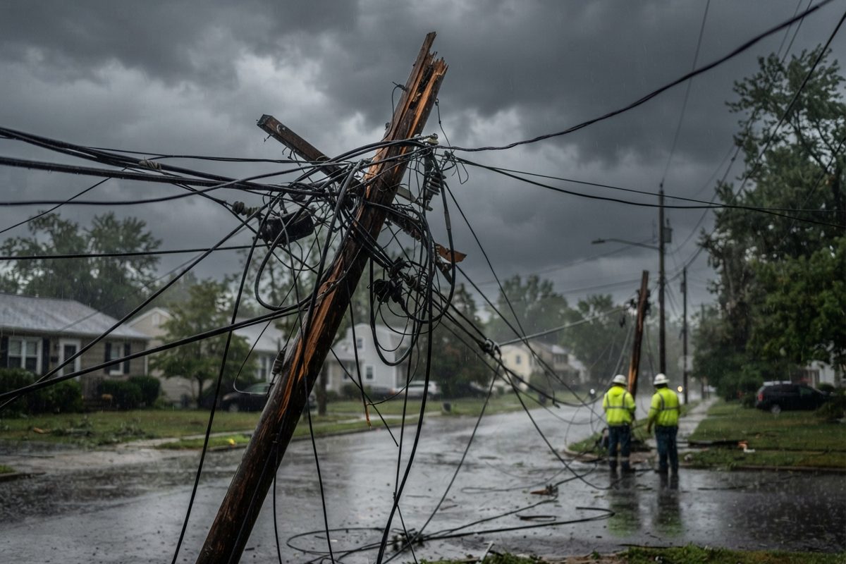 A tangled mess of thick black electrical cables draped over a broken wooden utility pole, with severe storm clouds in the background. Rain is actively falling.