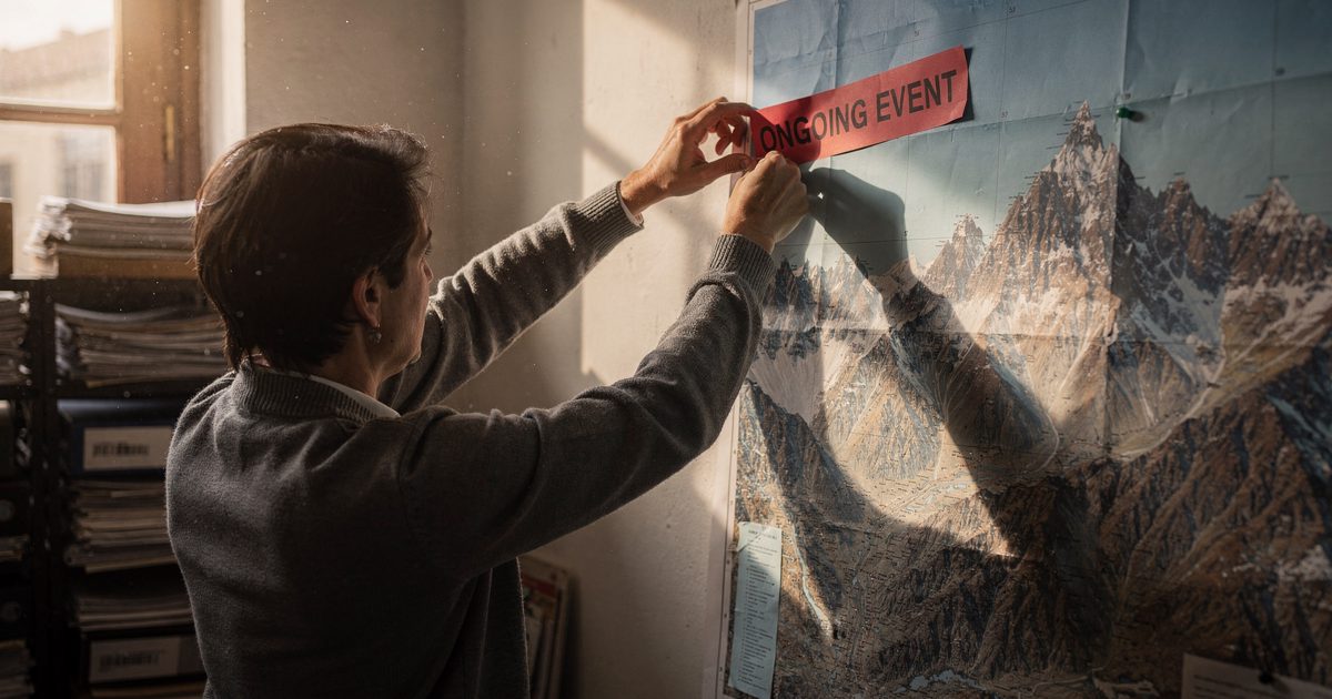 Mid shot from behind in warm late-afternoon window light inside a Geneva archive office, a clerk in a grey cardigan reaching up to pin a red paper tag reading.