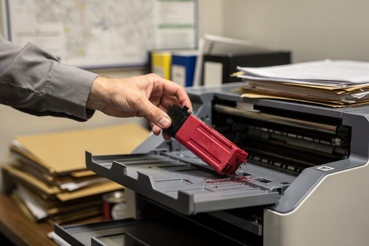 Close detail under flat fluorescent light of a spent red ink cartridge lying on the open tray of an office printer, a shirt sleeve and one hand entering the.