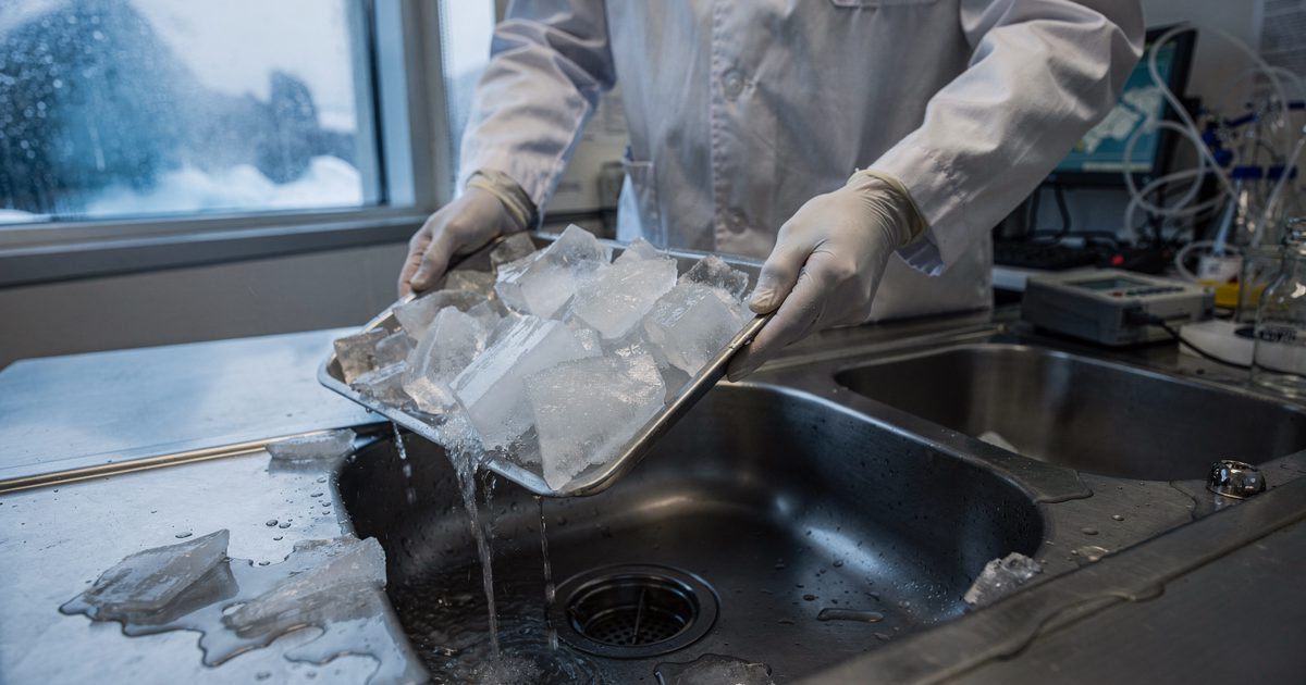 Close cold window light on a laboratory wet bench as a researcher cropped at the elbows tips a metal tray of ice blocks into a deep sink, meltwater already.