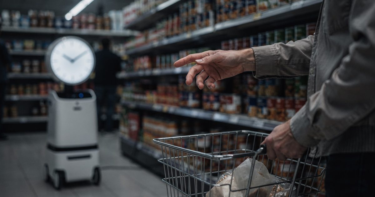 In a supermarket soup aisle under hard evening overhead light, a shopper's unmoving hand hovers over a can while a squat wheeled greeter sits at knee height on.