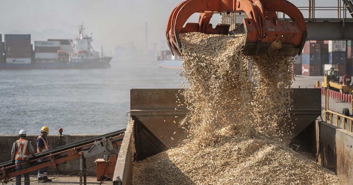 Under hard midday sun at a Japanese bulk import terminal, a grab crane releases a cascade of pale wood pellets into a dockside hopper while two workers in hard.