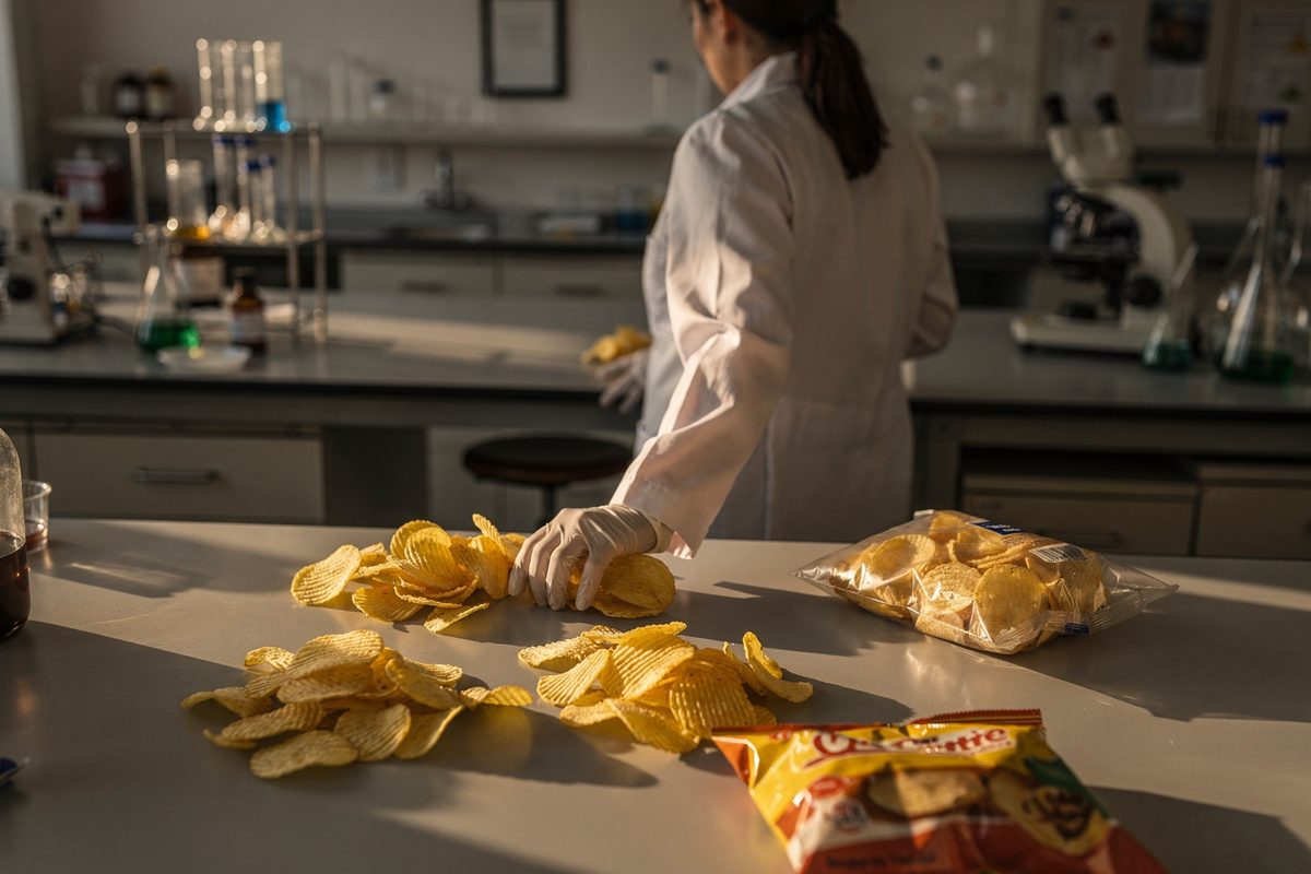Medium shot from the far end of a university chemistry lab late in the afternoon with low sun across the benches, a woman in a lab coat seen from behind.