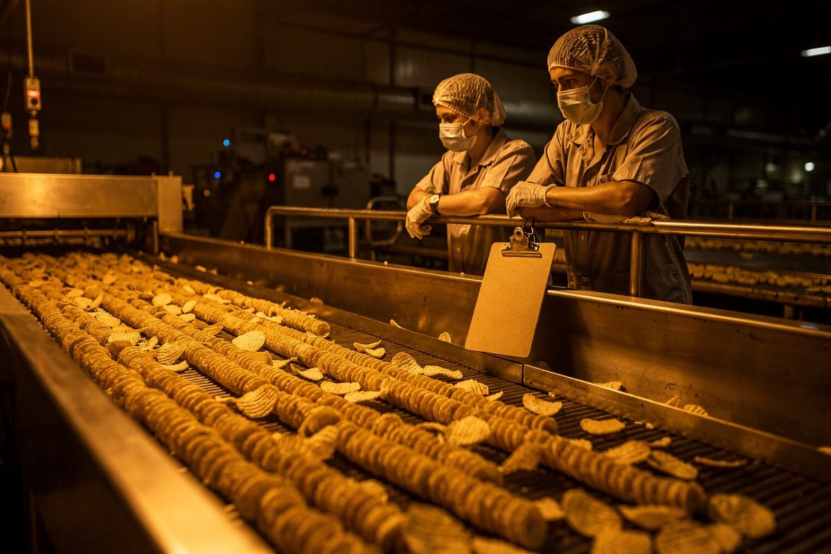 Wide shot inside a snack factory on the night shift under sodium light, a conveyor belt of freshly fried curved chips streaming past two workers in hairnets.