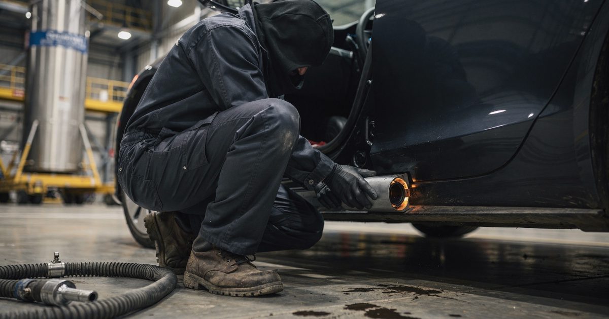 Close side view under hard white floodlights inside a rocket assembly building at night, a worker crouched with their face hidden by an open car door while.