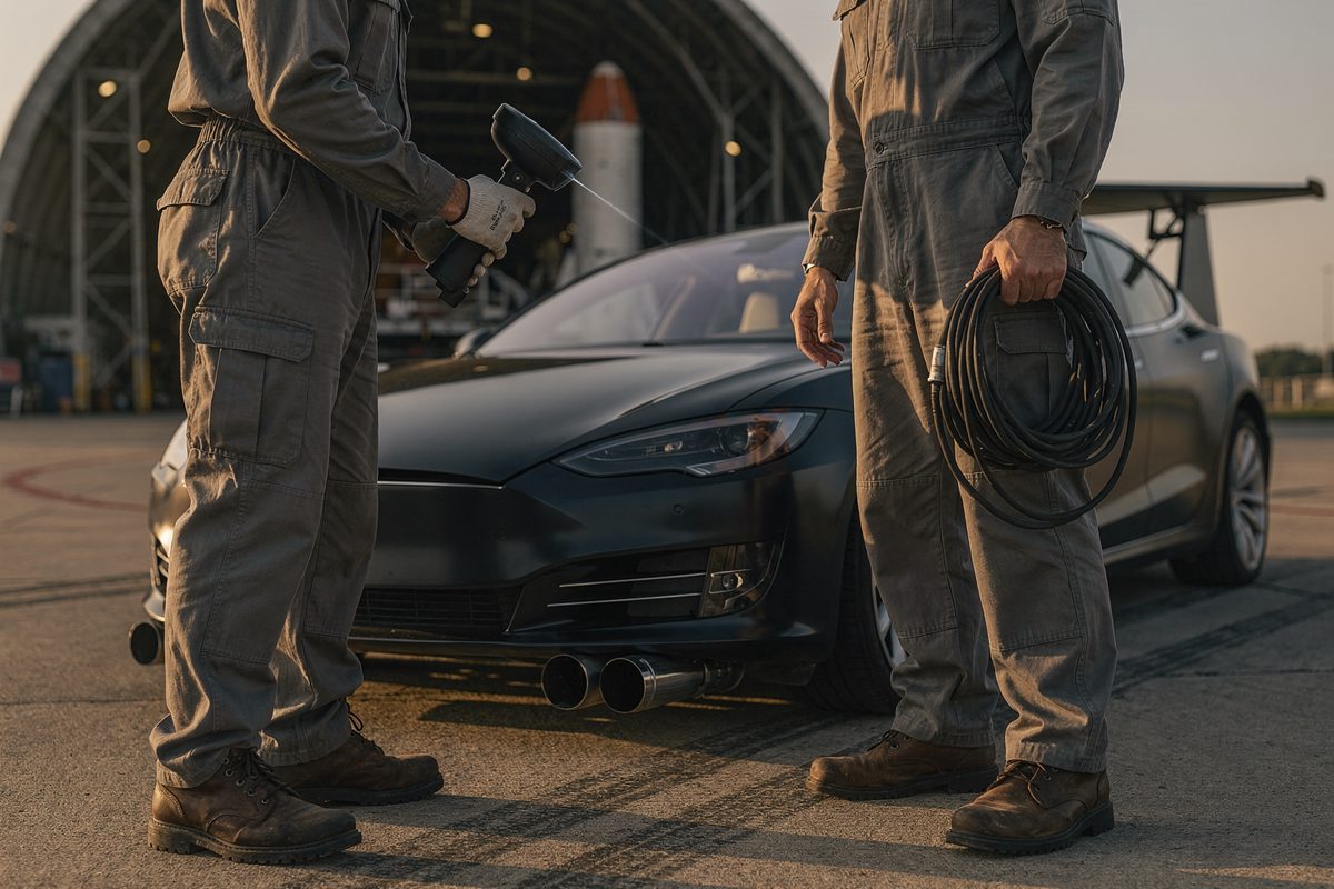 Cropped medium view in sharp morning sun on the concrete apron outside a rocket hangar, two workers visible only from the nose down as one aims a handheld wind.