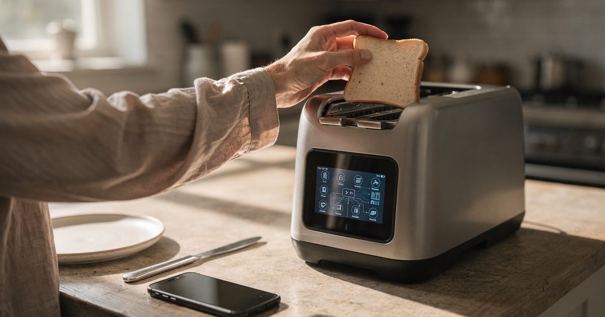Close detail on a home kitchen counter in bright early-morning sun from a side window, a hand in a pyjama sleeve holding a pale untoasted slice of bread above.