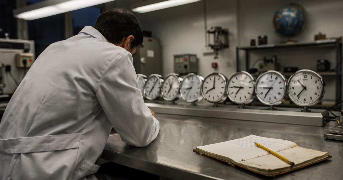 Wide shot inside a Paris metrology laboratory under flat fluorescent light at dusk, a technician in a white coat seen from behind leaning over a long steel.