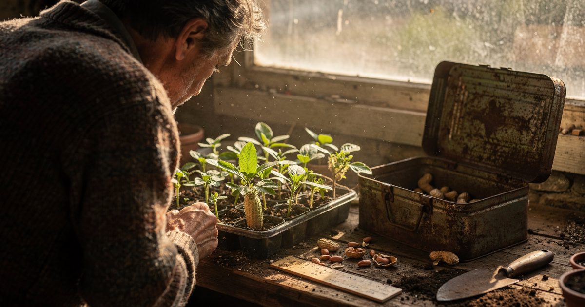 Warm late-afternoon sun slanting through a dusty potting-shed window onto a wooden bench, a gardener in a knitted cardigan seen from behind bending over a tray.