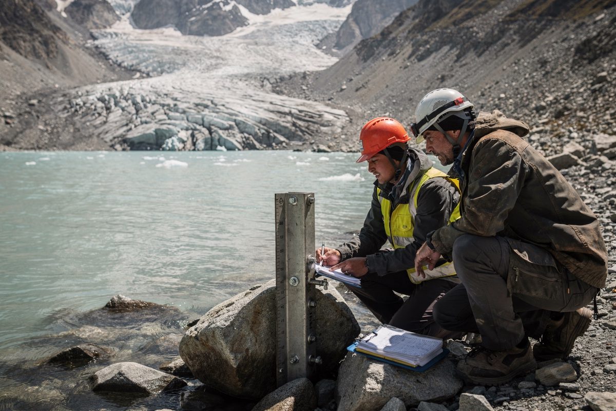Wide hard afternoon light over a high meltwater lake below a grey glacier snout, two surveyors cropped at the waist crouching beside a steel stream gauge.
