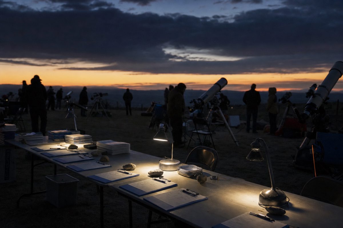 Documentary photograph of an empty outdoor astronomy check-in table near telescopes at dusk, clipboards and small lamps arranged neatly, anonymous volunteers.