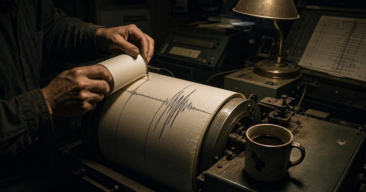 Close-up at night in a cramped seismic monitoring room, a technician's hands changing the paper roll on a drum seismograph as the needle gouges a dark violent.