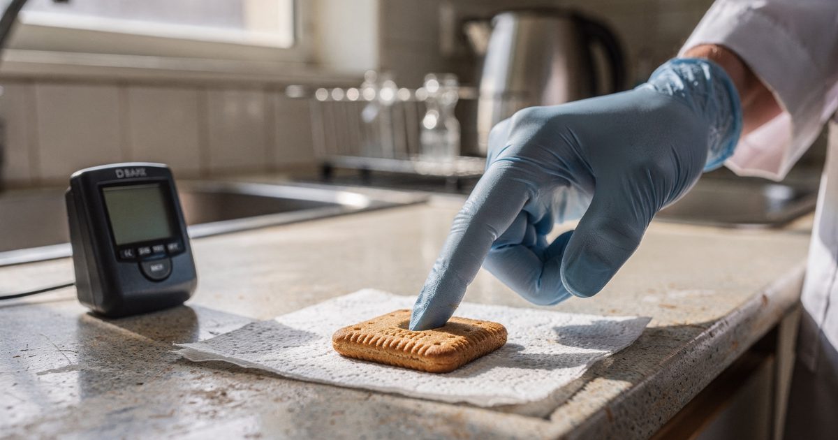 Close detail in bright early-morning sun through a university lab kitchen window, a gloved fingertip pressing into a single biscuit on a paper towel beside a.