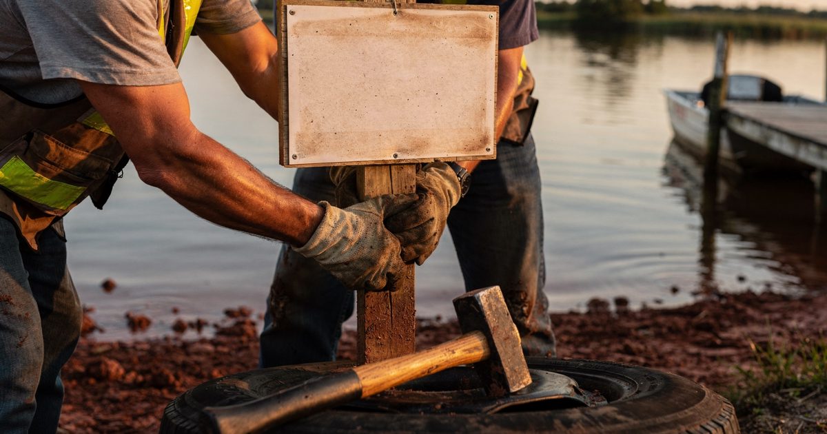 Low evening light at a rural boat launch, two pairs of hands in work gloves driving a wooden sign post into wet clay at the water's edge, a sledgehammer.