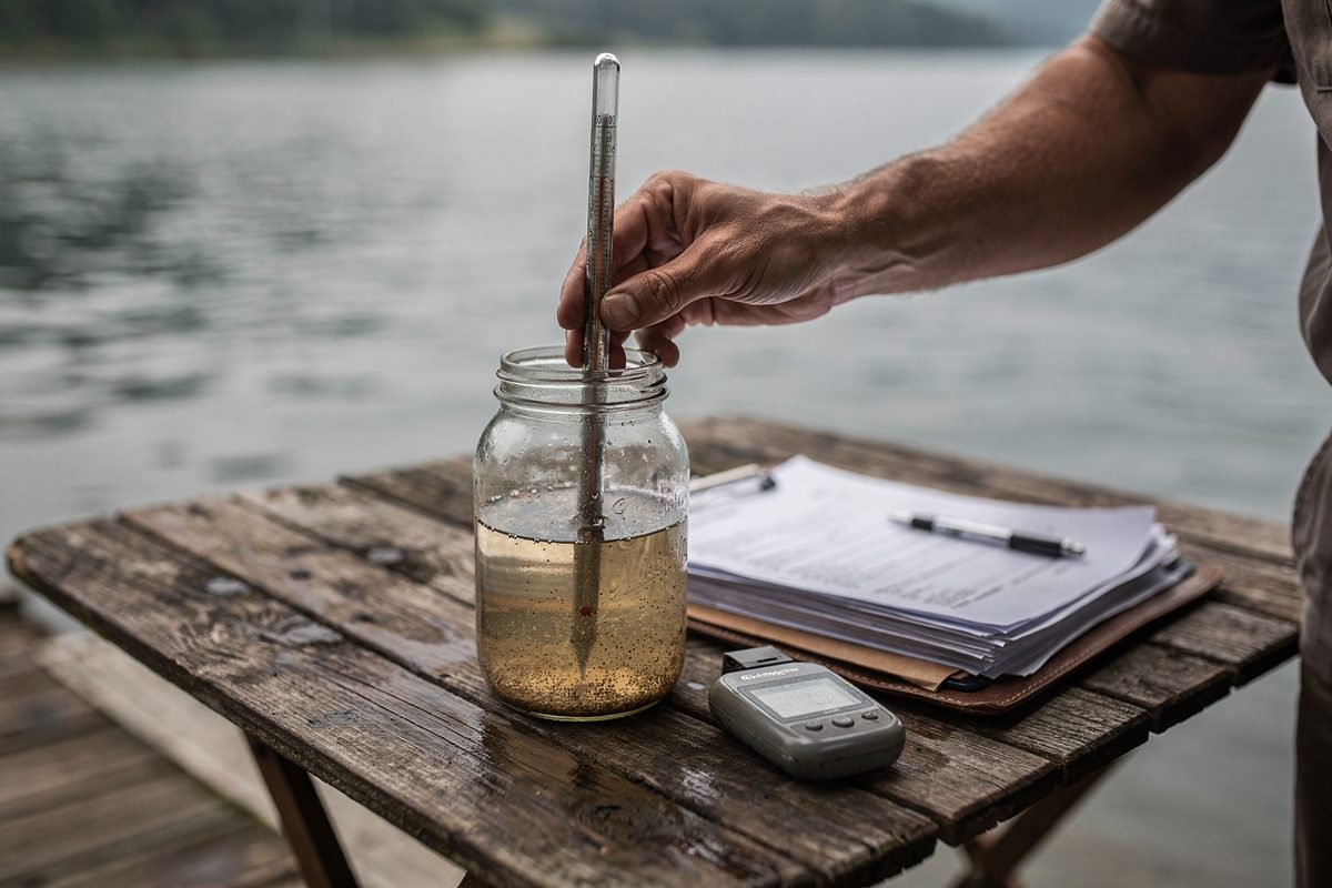 Close overhead detail of a folding table on a lakeside dock in flat morning light, a glass jar of murky water with a stem thermometer standing in it beside a.