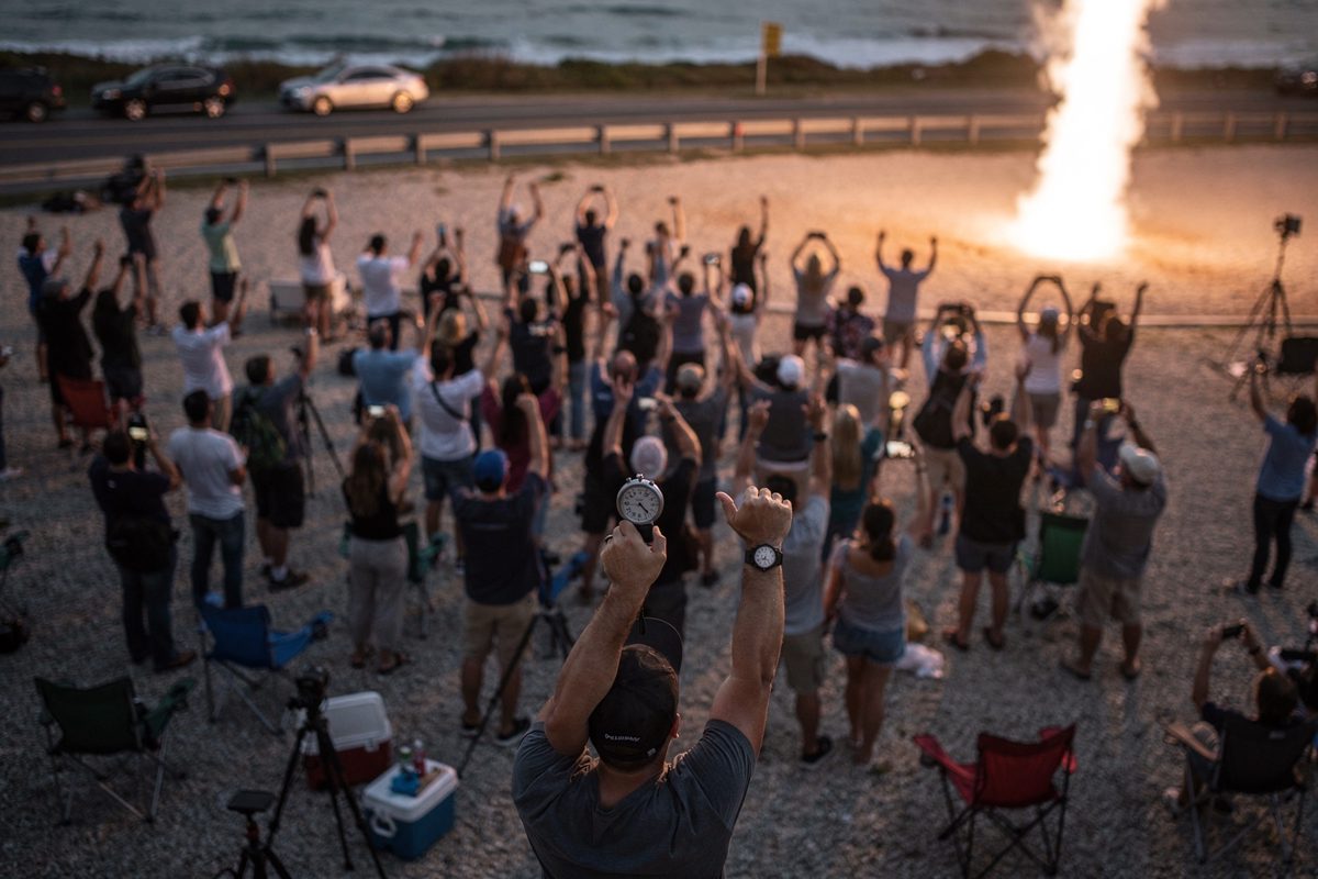 Overhead shot straight down at sunrise onto a gravel viewing field beside a coastal road, hundreds of spectators tiny and unidentifiable with arms and phones.