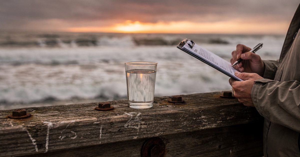Close detail at orange dusk on a weathered wooden pier railing above the eastern Pacific, a full drinking glass of water set on the rail with a heaving grey.