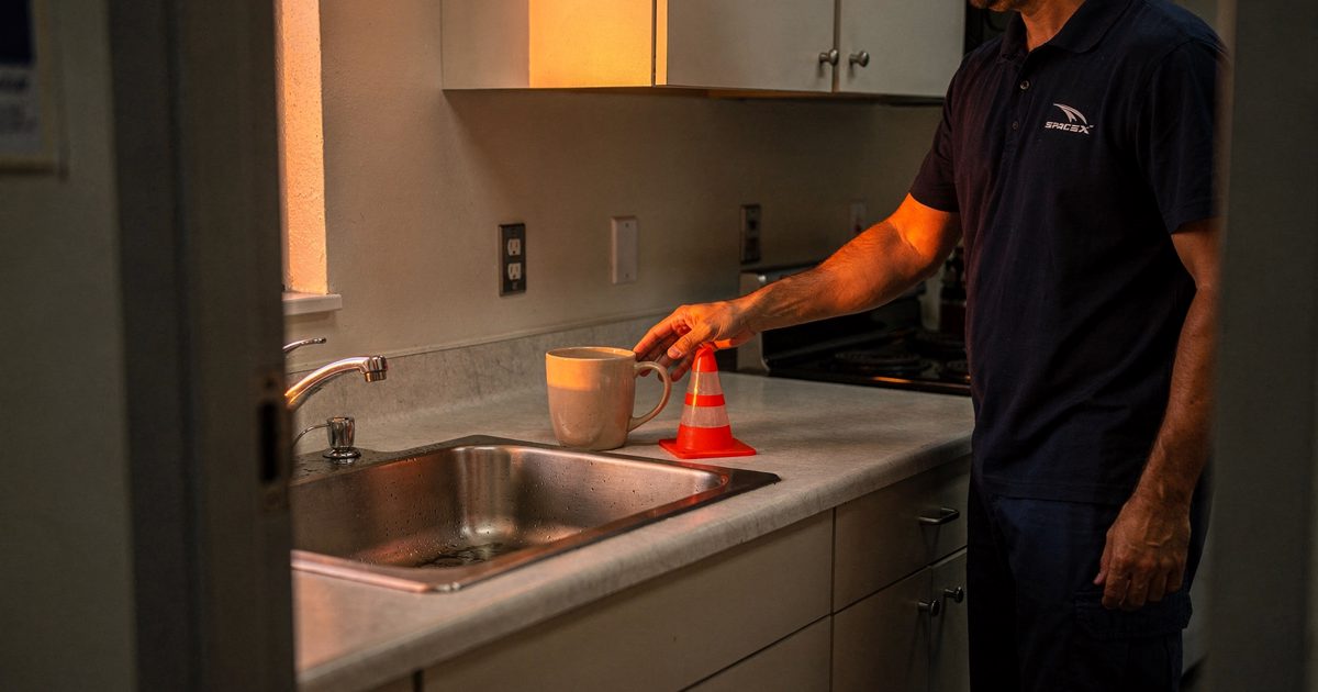 Close shot at eye level through the open doorway of a crew quarters kitchen at Kennedy Space Center in warm orange sunrise light, a single coffee mug standing.