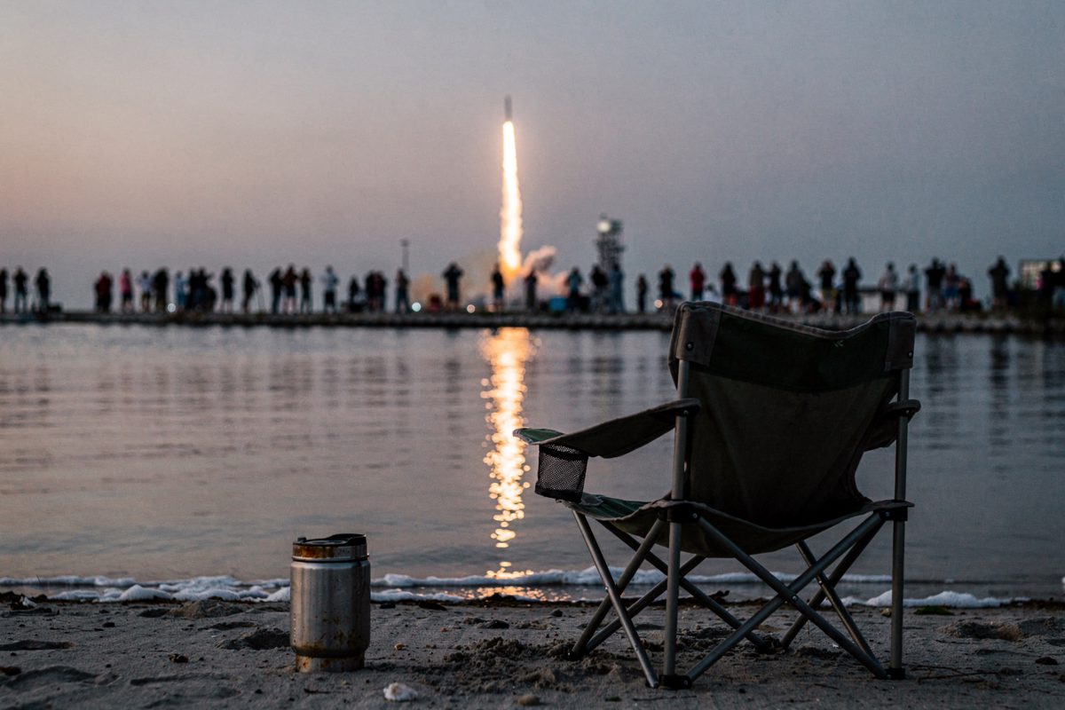 Wide shot across the Banana River at dawn from a public viewing causeway near Cape Canaveral, a rocket's bright exhaust plume climbing into a pink sky while a.