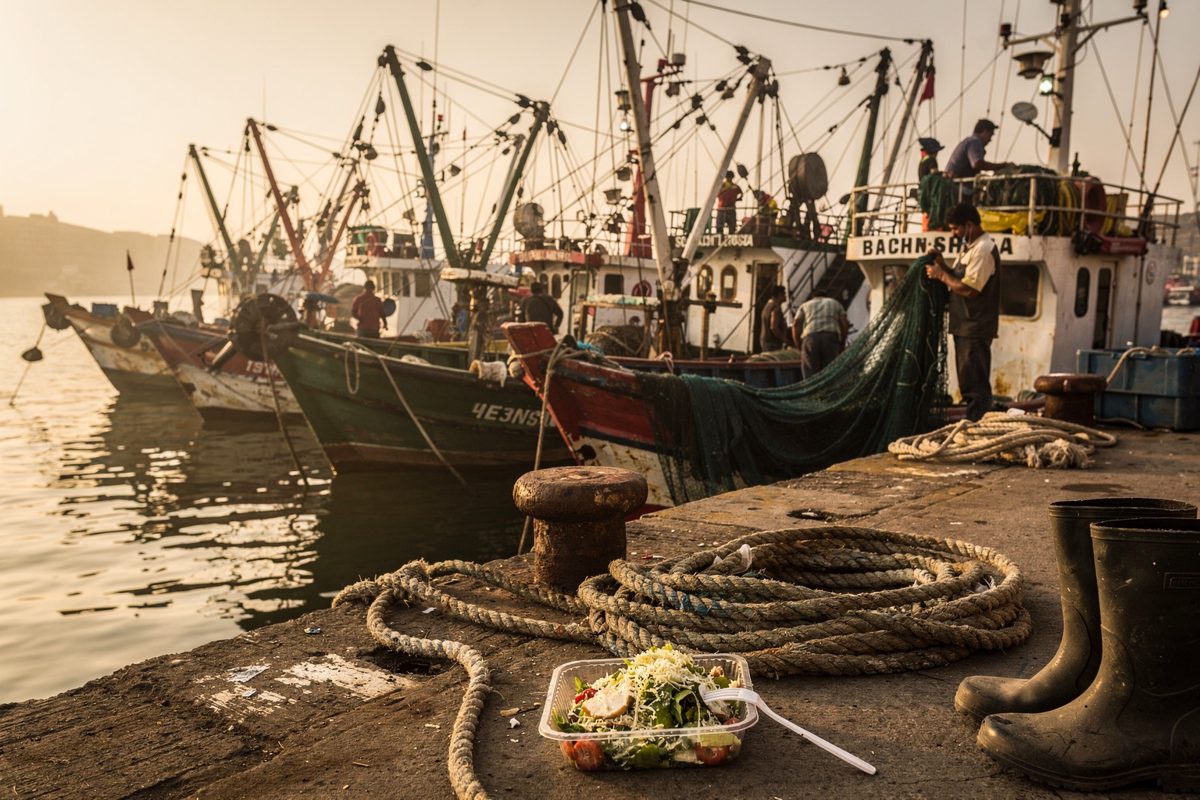 Wide shot in hazy golden late-afternoon light at the fishing port of Callao, Peru, a row of idle anchoveta purse-seine boats tied up together while a deckhand.
