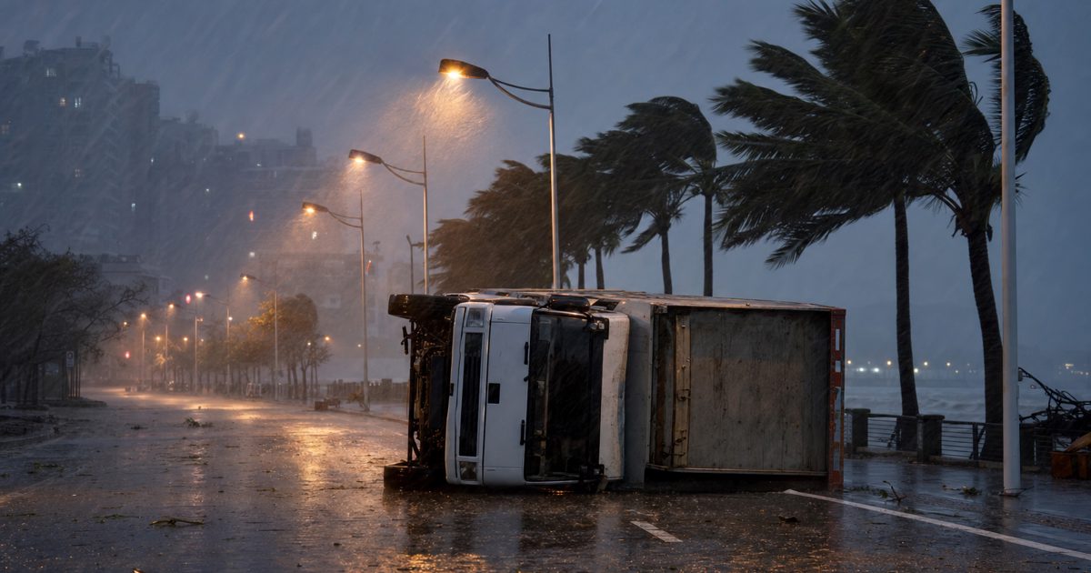 A rain-lashed street in a Chinese coastal city at dusk, a lorry tipped on its side amid sheets of horizontal rain, streetlights glowing, no people visible.