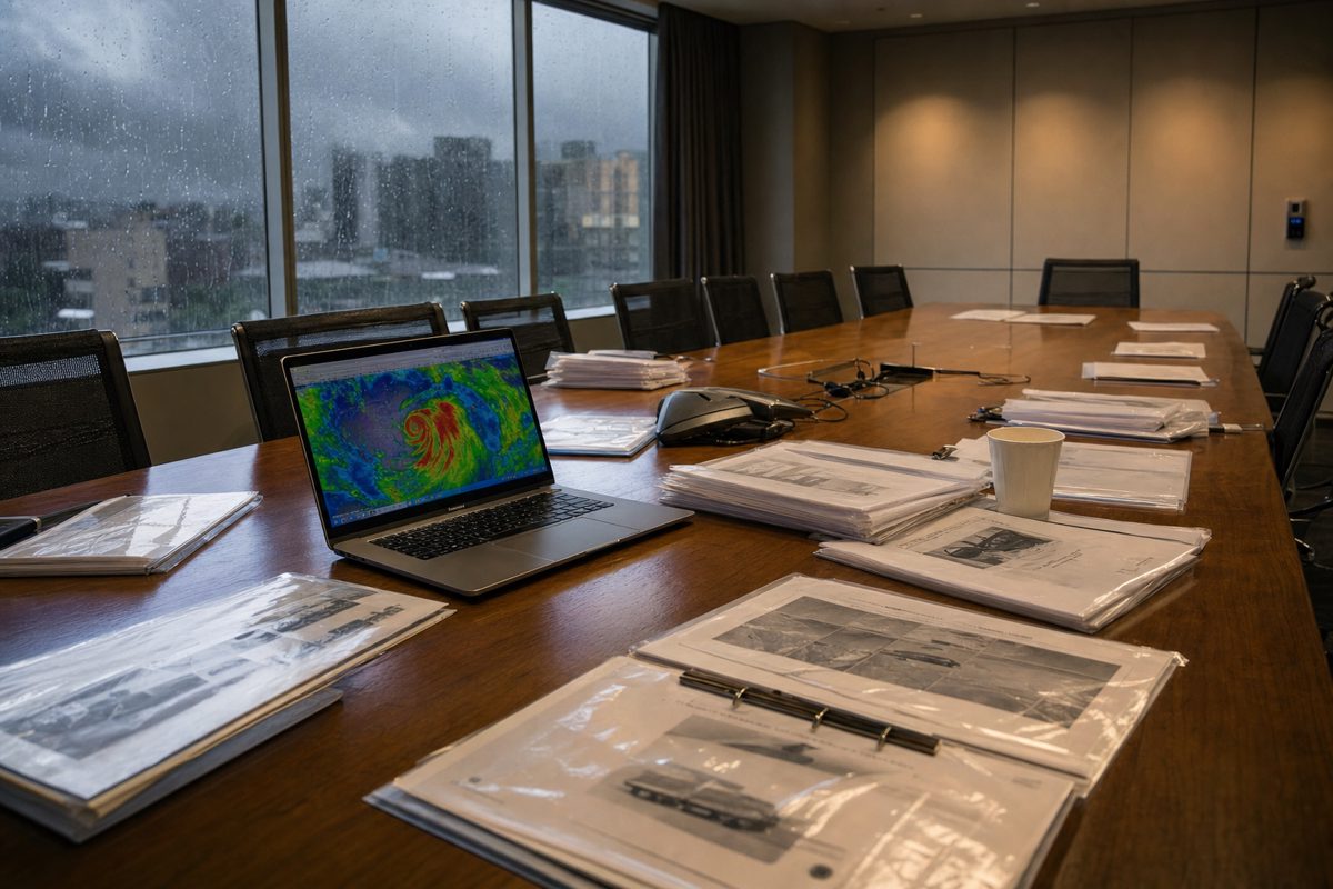 An empty, fluorescent-lit conference room with a long table, laminated documents and a laptop open to a weather radar map, rain streaking the window in the.