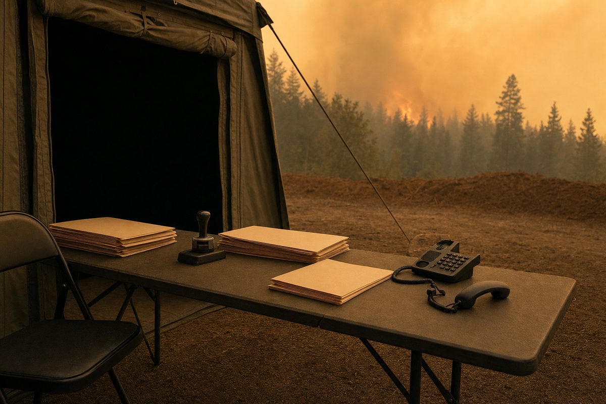 A folding administrative table outside a plain canvas field tent, holding blank manila folders, a rubber stamp and a disconnected desk telephone in hazy amber.