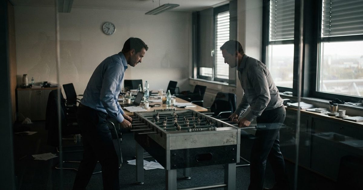 A tense corporate boardroom scene shot through glass walls: a foosball table set up in the middle of a long conference table pushed aside, two people in.