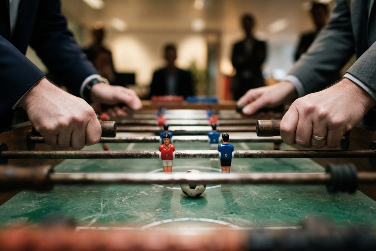 Extreme close-up news photo of white-knuckled hands gripping worn foosball table rods under harsh fluorescent office lighting, a small plastic ball frozen.