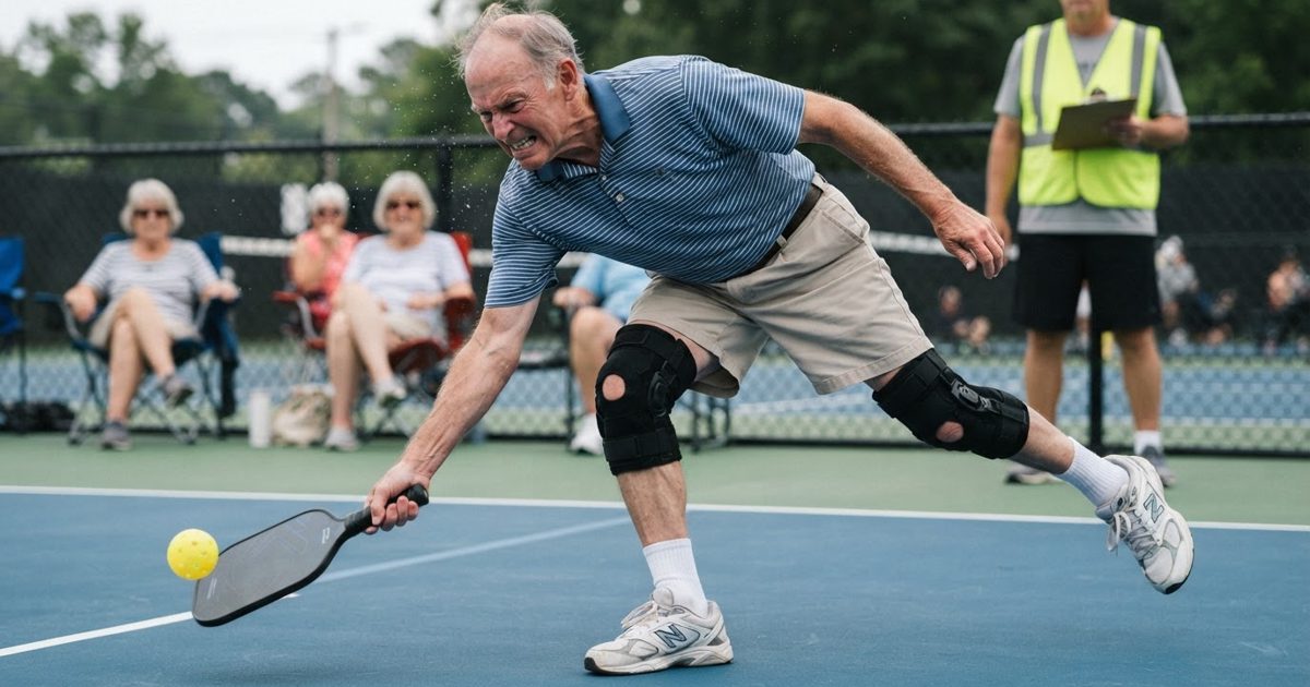A dramatic, low-angle sports action shot of an elderly man in a sweatband, polo shirt, and orthopedic knee braces aggressively lunging to hit a yellow.