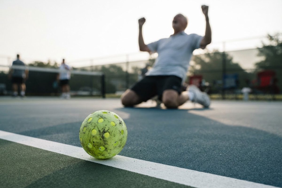 A gritty, close-up photograph of a scratched and scuffed pickleball resting on the painted white line of an asphalt court. In the blurred background, an.