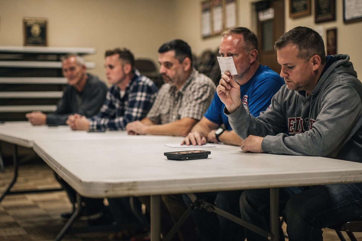 Wide shot under warm overhead lights in a small-town fire-hall banquet room on a weeknight, a row of people at a long folding table rendered soft by shallow.