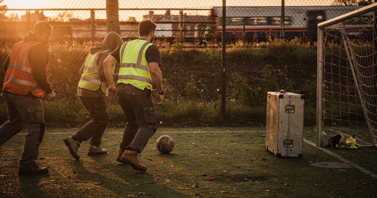 Low orange evening sun through a chain-link five-a-side cage beside a railway embankment, players in work trousers and mismatched bibs cropped at the knees.