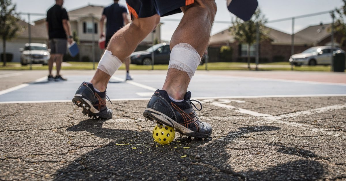 Low-angle shot at high noon on a blistering suburban asphalt court, a man visible only by his heavily taped calves and studded turf shoes crushing a yellow.