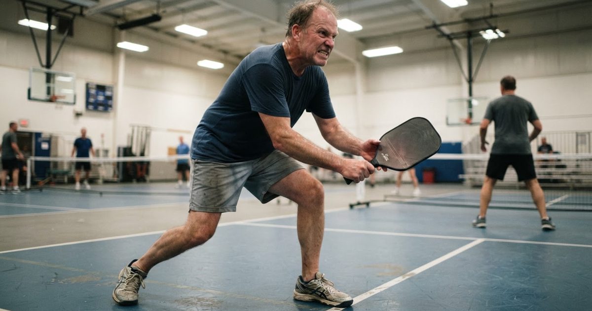 A low-angle, dramatic sports photography shot of a middle-aged man in ill-fitting athletic wear intensely gripping a pickleball paddle, sweating profusely.