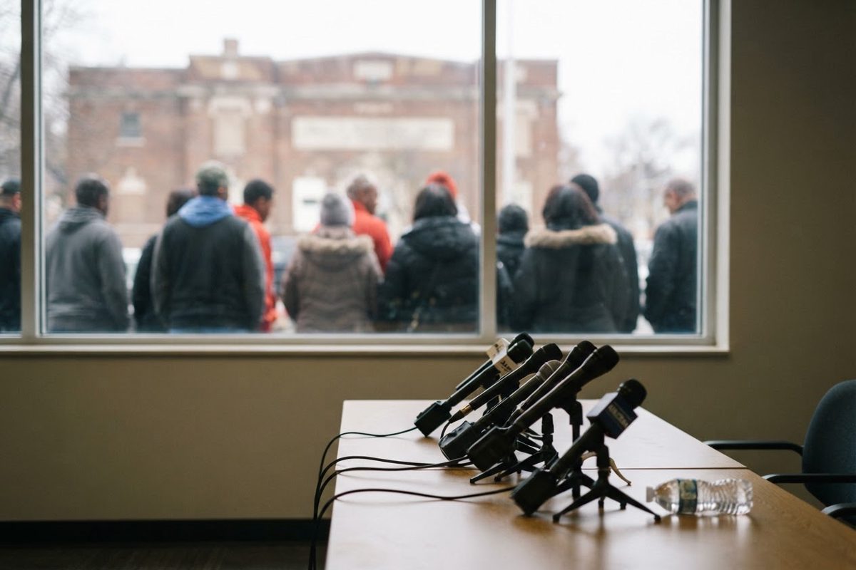 A mundane press conference setting with microphones on a table, completely empty and ignored, with a blurred background showing people looking out a window.