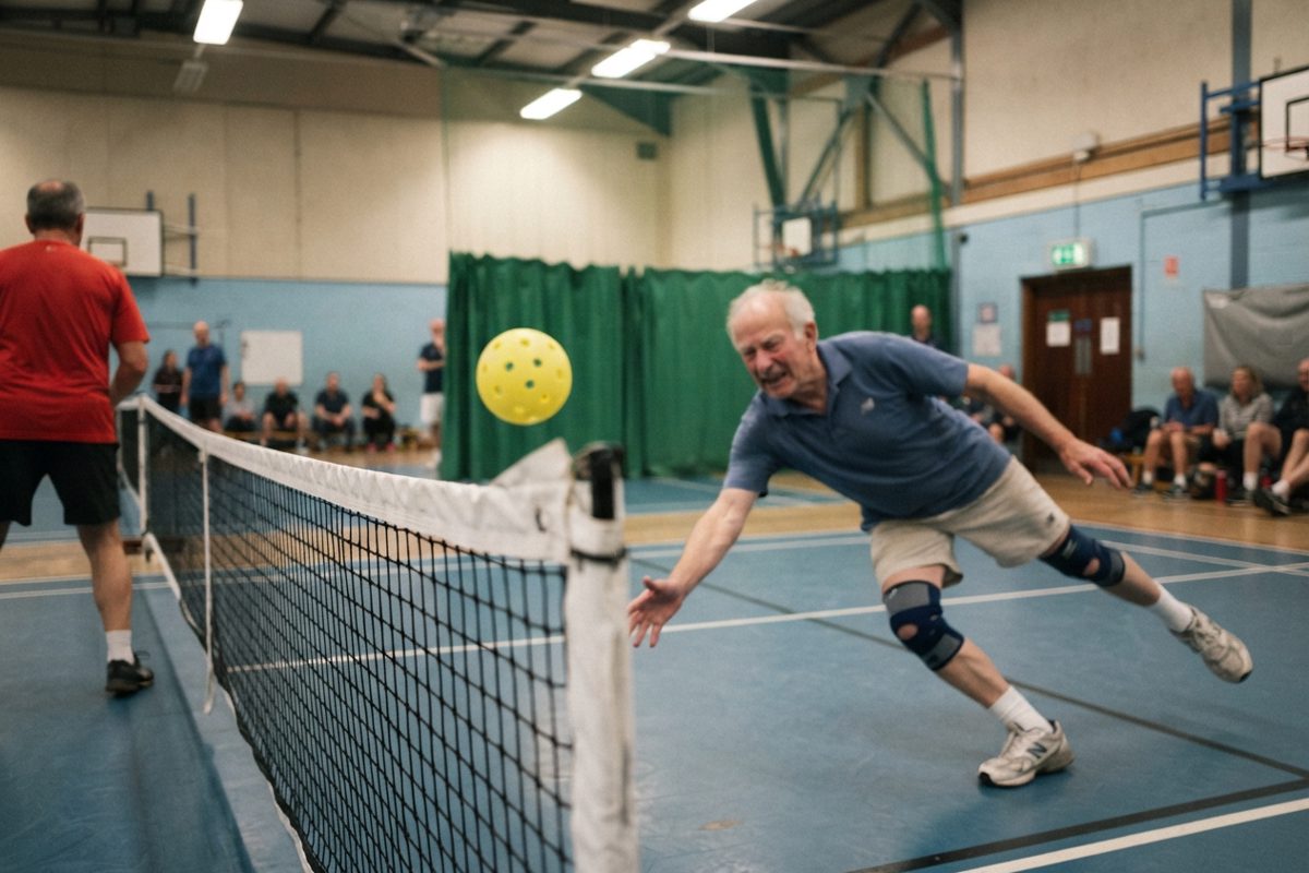 An action shot of a bright yellow plastic wiffle ball frozen in mid-air over a sagging pickleball net, with the blurred figure of an elderly man diving.