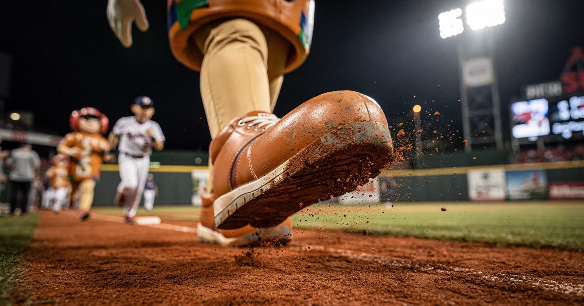 Ground-level close detail under white night floodlights on a ballpark warning track, the oversized foam shoe of a racing sausage costume caught mid-stride.