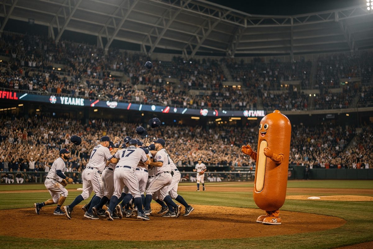Wide shot from high in the upper deck of a retractable-roof ballpark at night, a sold-out crowd on its feet with arms raised while players pile on each other.