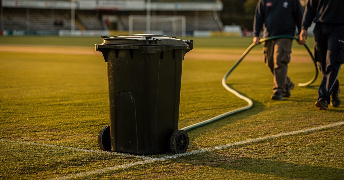 Mid-shot in low golden evening light at an English county cricket ground, a black council wheelie bin standing just inside the painted boundary rope while two.