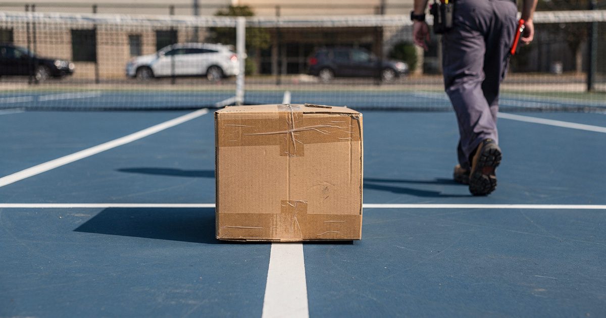 Mid shot in harsh morning sunlight of a heavily taped cardboard moving box resting on the baseline of an empty blue tennis court, a worker's steel-toed boots.