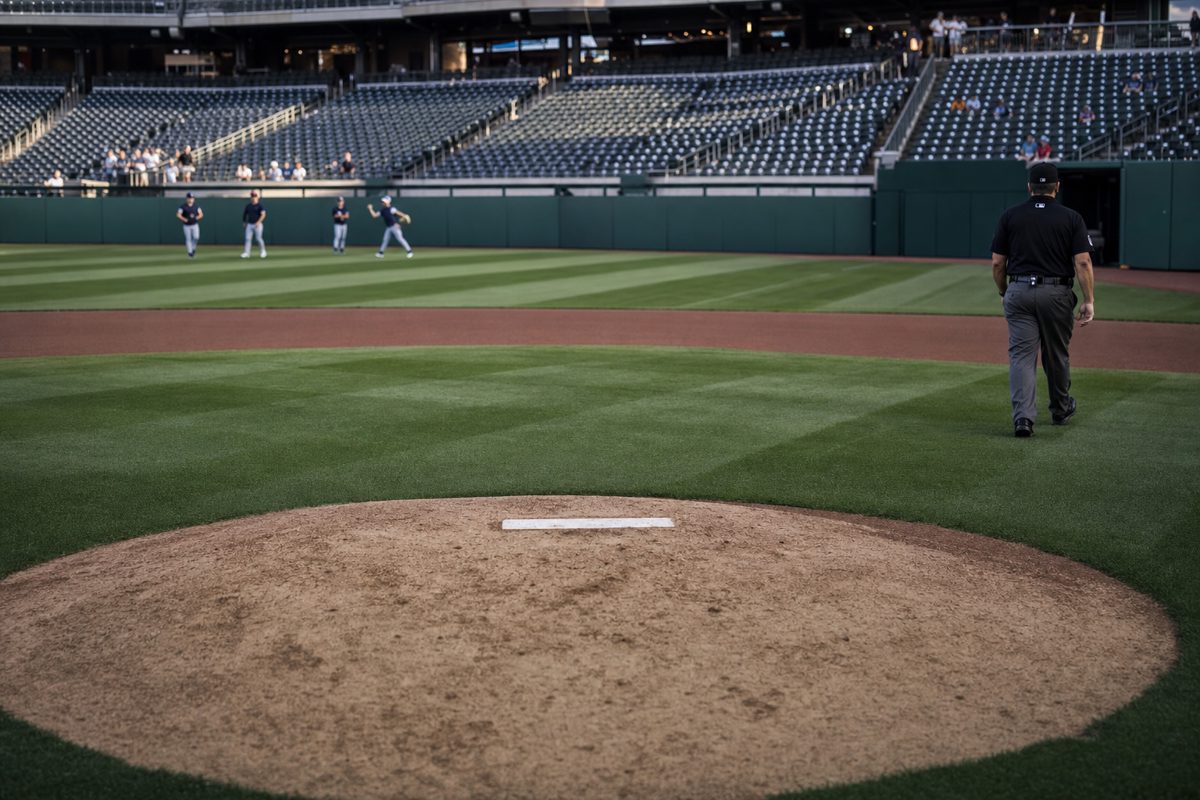 A realistic news photograph of an empty pitcher’s mound moments before a baseball game, players warming up in the distant outfield and an unidentified.