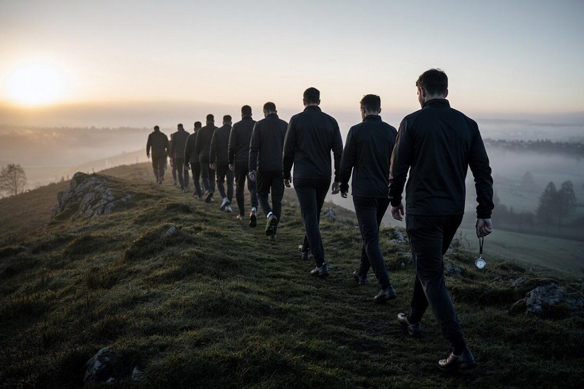 From behind at first light, a line of athletes in matching training kits walking a grass ridge, a stopwatch swinging from the last person's wrist.