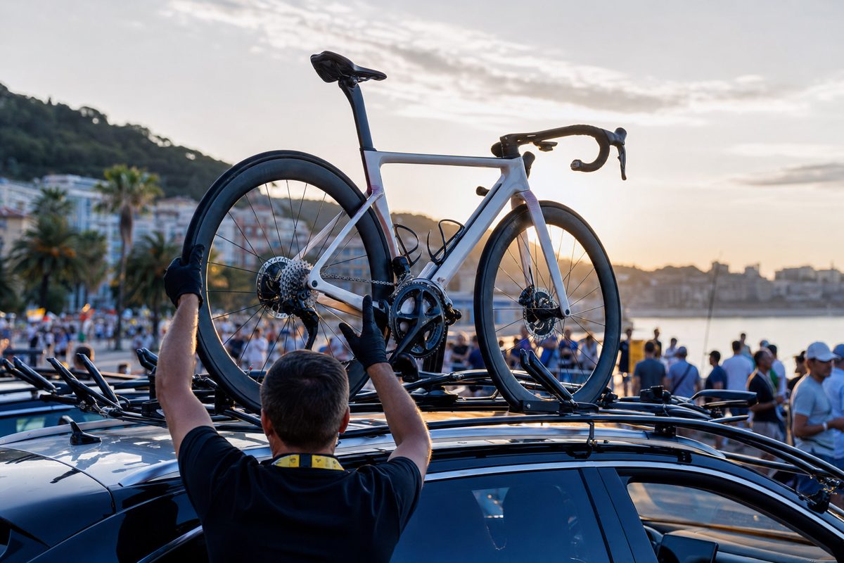 Editorial news photograph of a racing bicycle being carefully placed onto a team roof rack after an event, gloved staff shown from behind, late-afternoon.