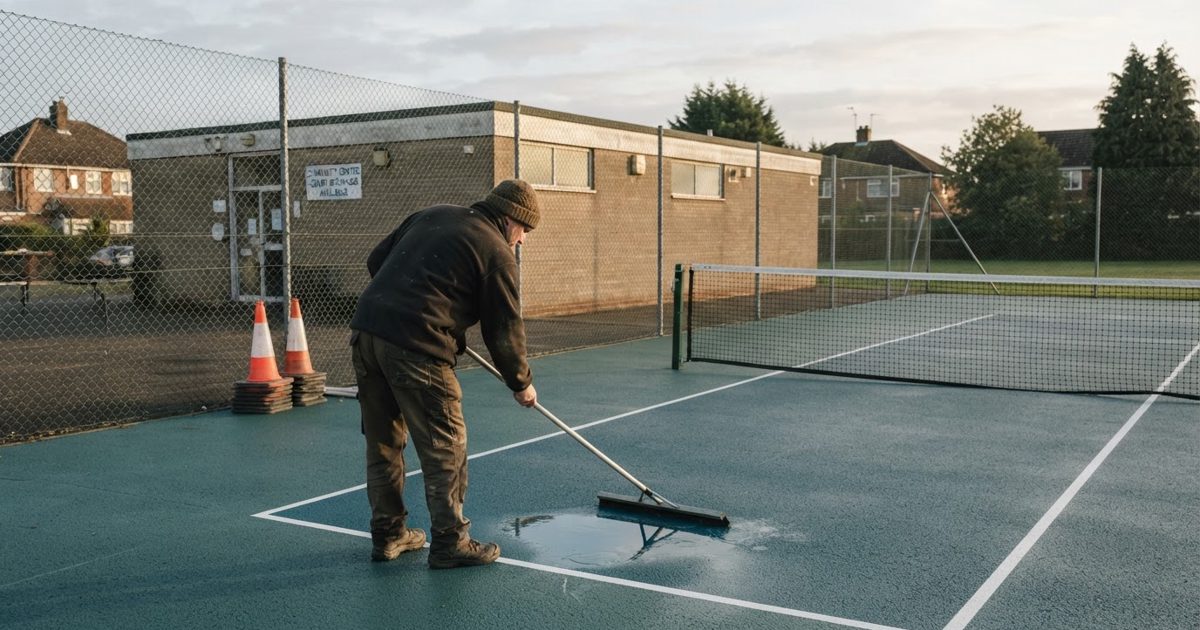 Wide low-angle shot of an outdoor municipal hard court behind a squat brick community centre at early dawn, low golden light raking across a freshly resurfaced.