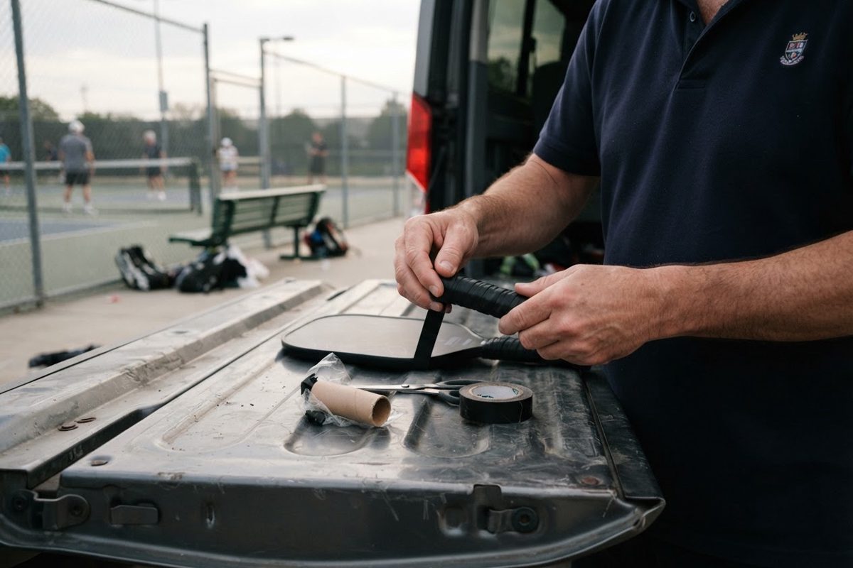 Tight close-up of a pair of hands wrapping fresh grip tape around a pickleball paddle handle on the tailgate of a minibus, scissors and a discarded roll beside.