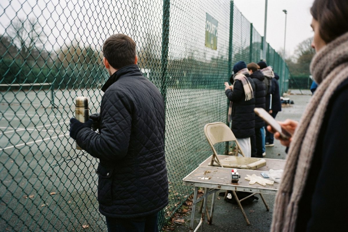 Behind-the-shoulder shot of a small crowd pressed against green wire fencing beside the court in flat overcast morning light, scarves and flasks in hand, a.