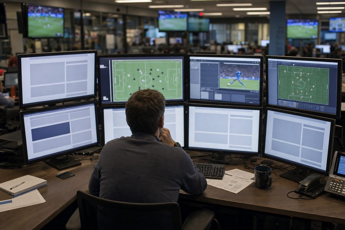 A newsroom editor seen from behind pausing before multiple computer monitors displaying generic blank article layouts and football graphics, no readable text.