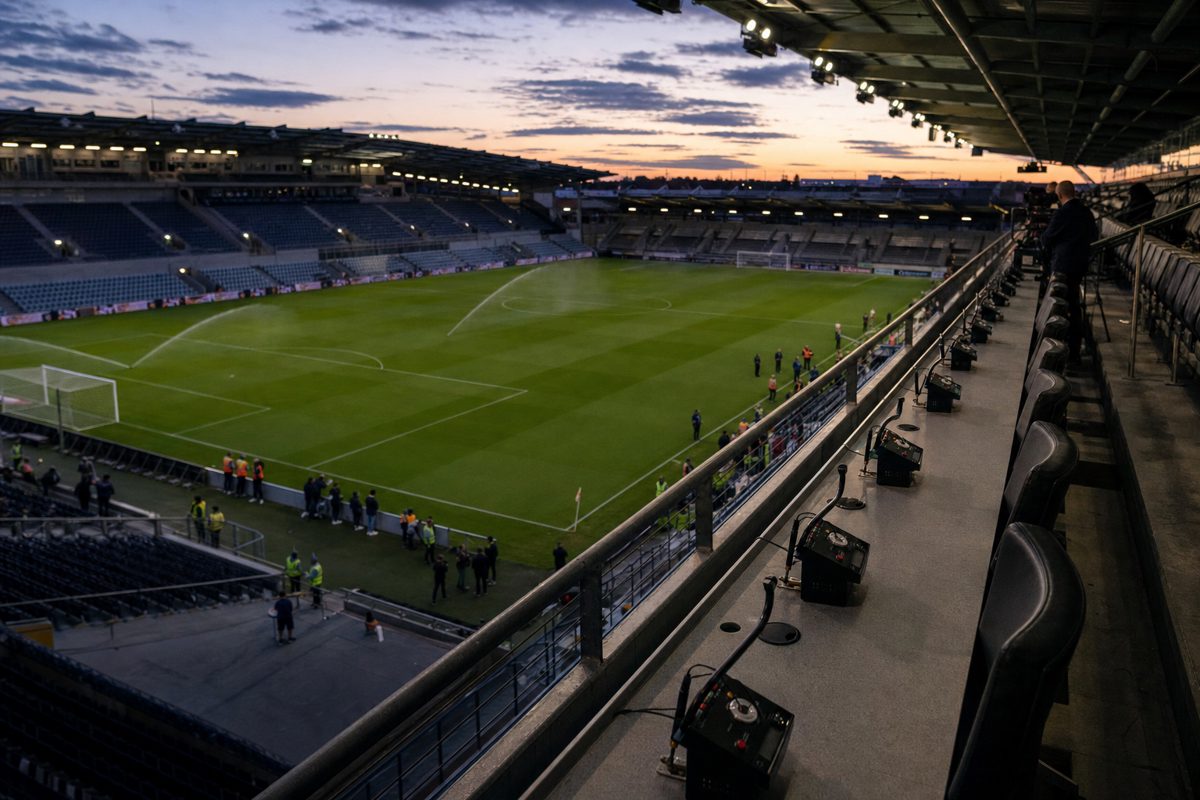 An empty football stadium media area before a match, rows of vacant commentary seats overlooking the pitch at dusk, restrained editorial news photograph.